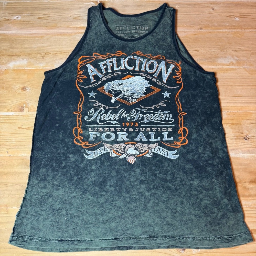 Affliction Reversible Defender Tank Top Mens M Rebel For Freedom Acid Wash Green